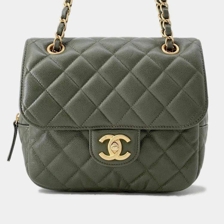 Pre Owned Chanel Matelasse Khaki Caviar Leather Chain Shoulder Bag
