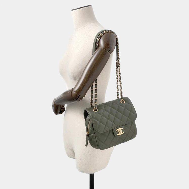 Pre Owned Chanel Matelasse Khaki Caviar Leather Chain Shoulder Bag