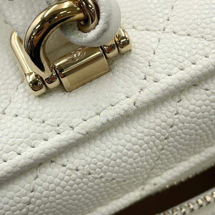 Pre Owned Chanel Matelasse Top Handle Small White Caviar Leather Chain Vanity Bag