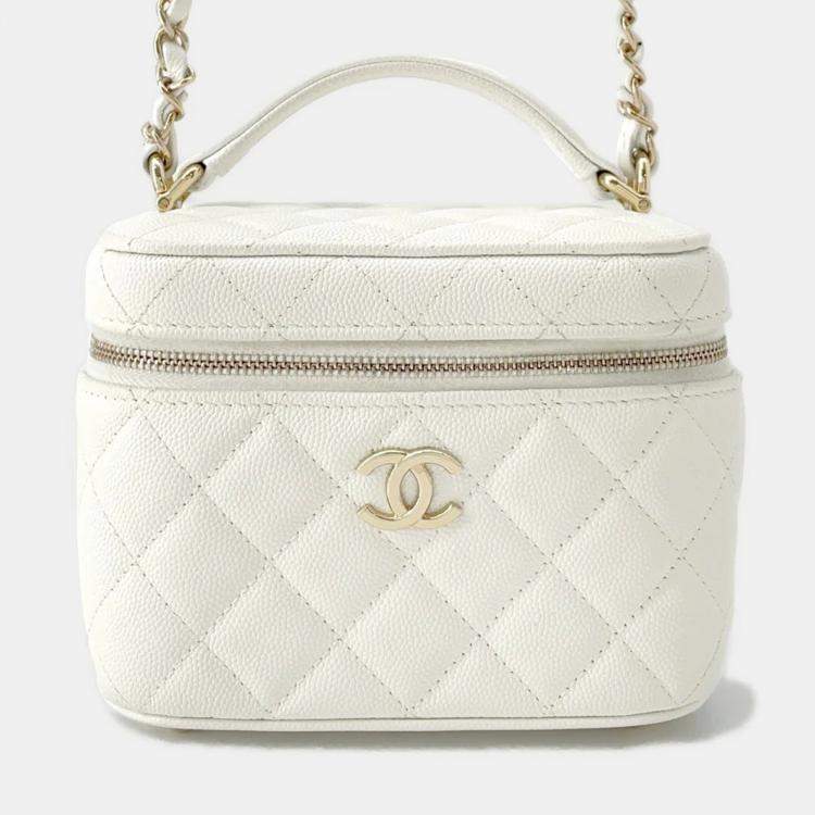 Pre Owned Chanel Matelasse Top Handle Small White Caviar Leather Chain Vanity Bag