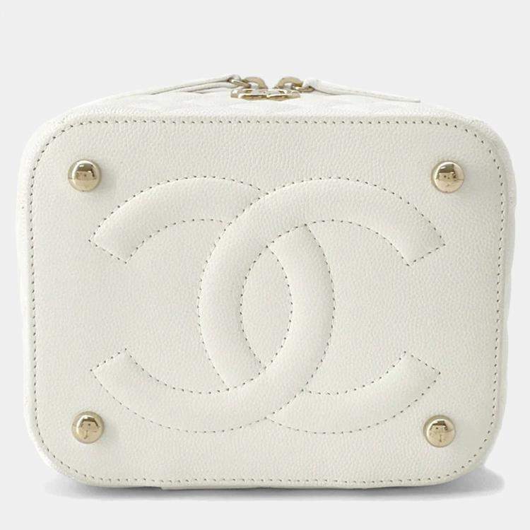 Pre Owned Chanel Matelasse Top Handle Small White Caviar Leather Chain Vanity Bag