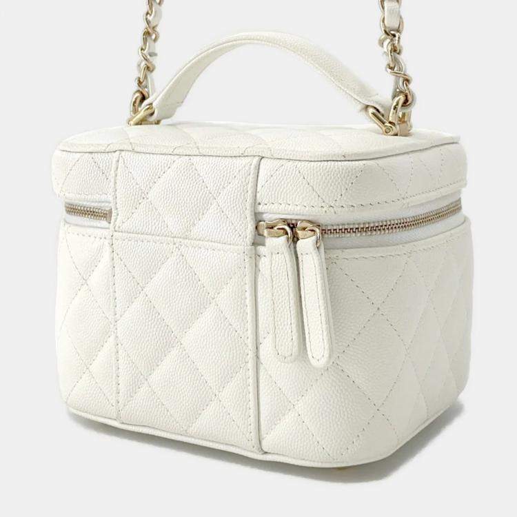Pre Owned Chanel Matelasse Top Handle Small White Caviar Leather Chain Vanity Bag