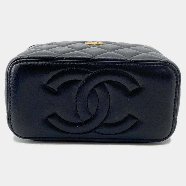 Pre Owned Chanel Matelasse Top Handle Black Lambskin Chain Vanity Bag