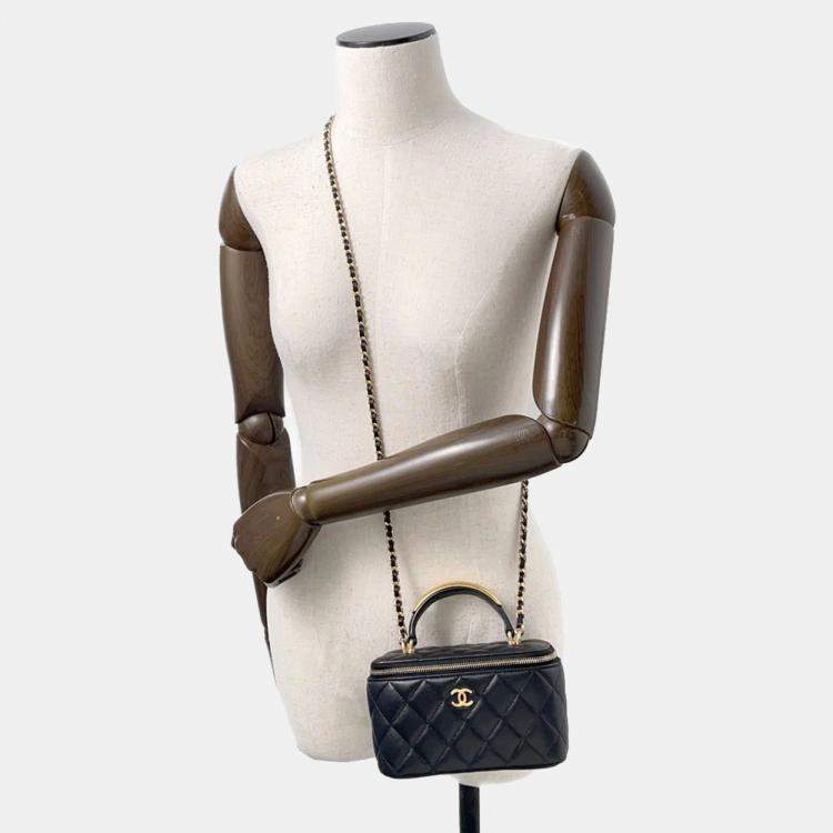 Pre Owned Chanel Matelasse Top Handle Black Lambskin Chain Vanity Bag