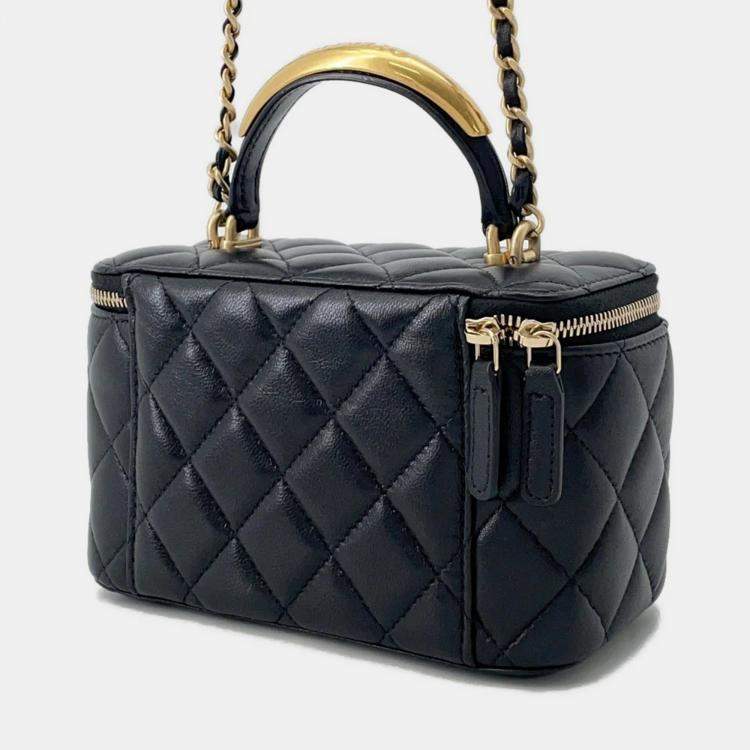 Pre Owned Chanel Matelasse Top Handle Black Lambskin Chain Vanity Bag