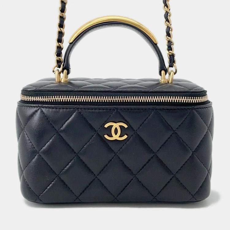 Pre Owned Chanel Matelasse Top Handle Black Lambskin Chain Vanity Bag