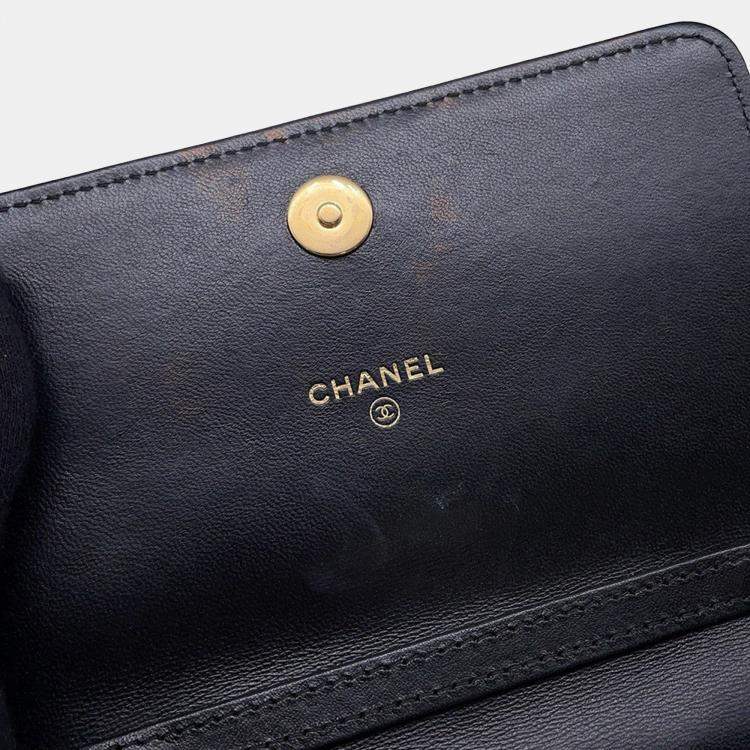 Pre Owned Chanel Matelasse Pearl Chain Mini Black Lambskin Chain Wallet