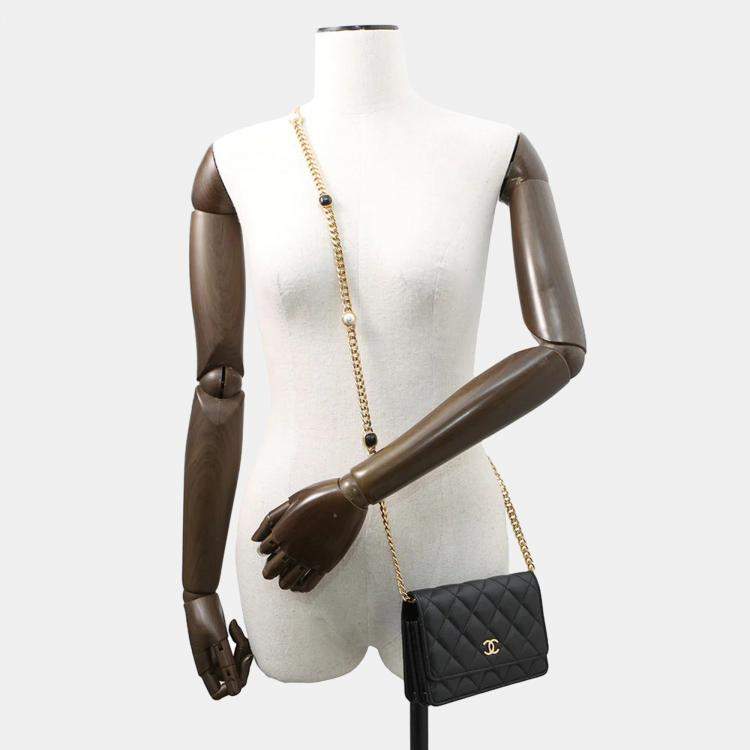 Pre Owned Chanel Matelasse Pearl Chain Mini Black Lambskin Chain Wallet