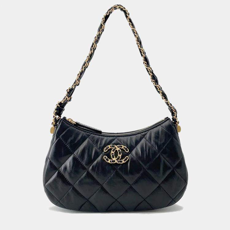 Pre Owned Chanel Crumpled Calfskin Braided Black Chain Handbag