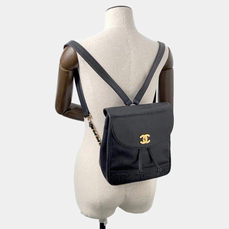 Pre Owned Chanel Triple Coco Black Caviar Leather Chain Backpack