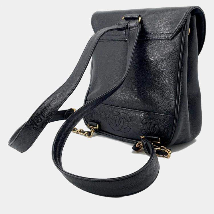 Pre Owned Chanel Triple Coco Black Caviar Leather Chain Backpack