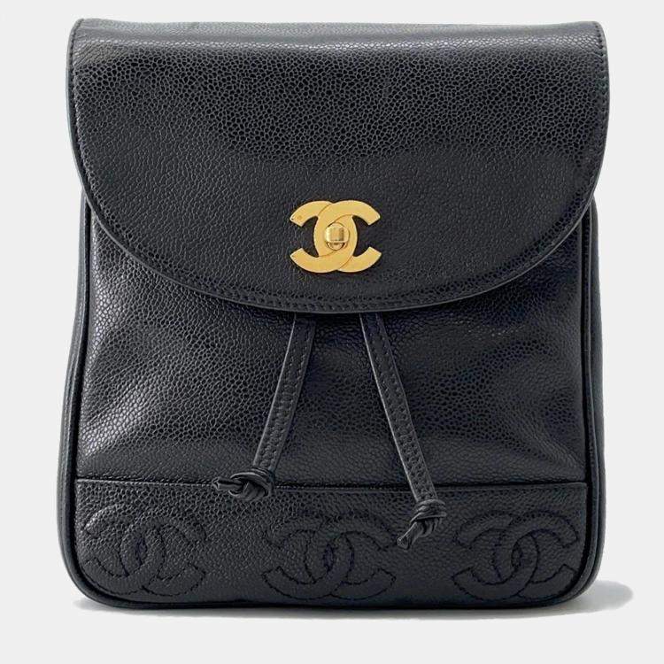 Pre Owned Chanel Triple Coco Black Caviar Leather Chain Backpack