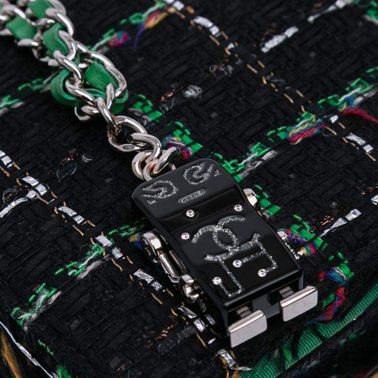 Pre Owned Chanel Black Quilted Boucle Tweed Robot Charm Wallet On Chain
