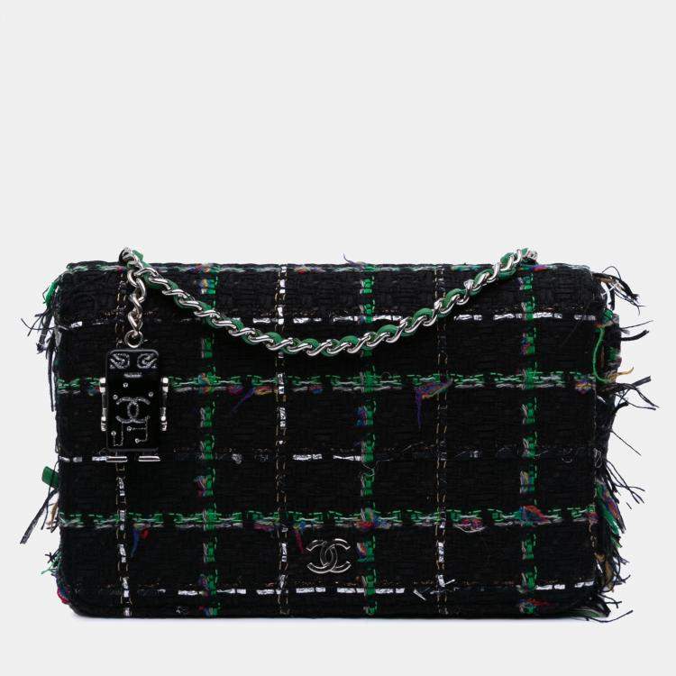 Pre Owned Chanel Black Quilted Boucle Tweed Robot Charm Wallet On Chain