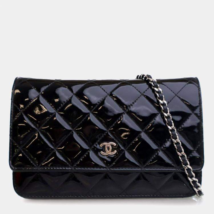 Pre Owned Chanel Black CC Quilted Patent Wallet On Chain