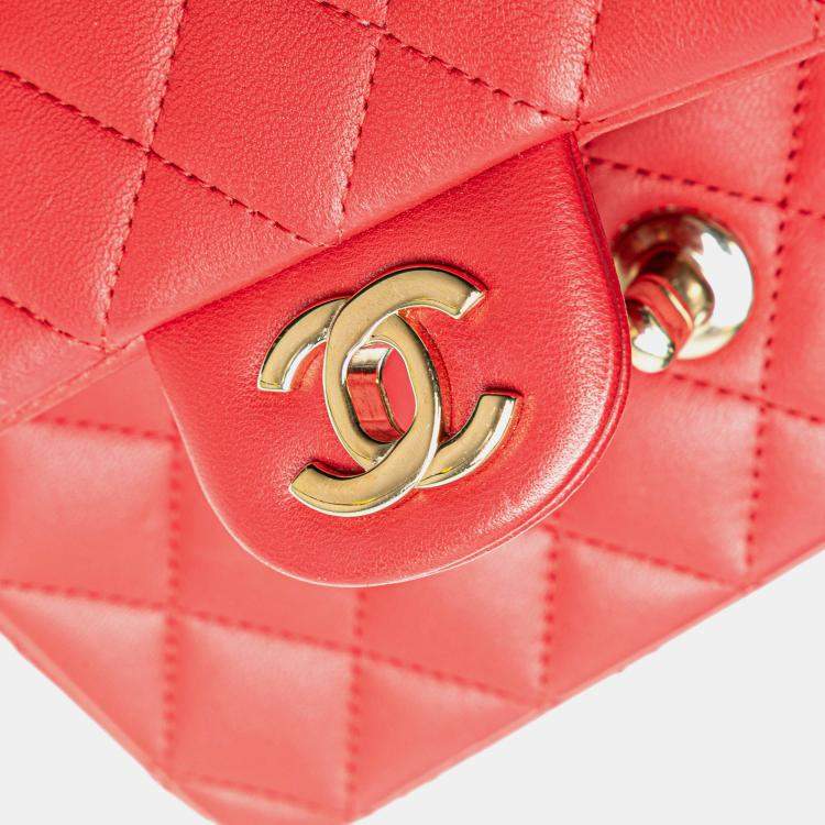 Pre Owned Chanel Red Mini Rectangular Lambskin Top Handle Single Flap