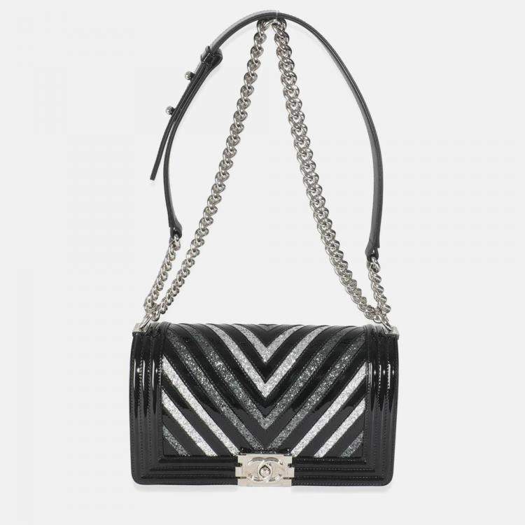 Pre Owned Chanel Black Patent Chevron Glitter PVC Old Medium Boy Bag