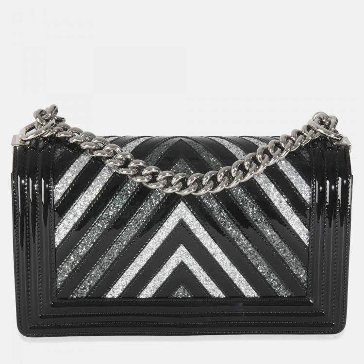 Pre Owned Chanel Black Patent Chevron Glitter PVC Old Medium Boy Bag