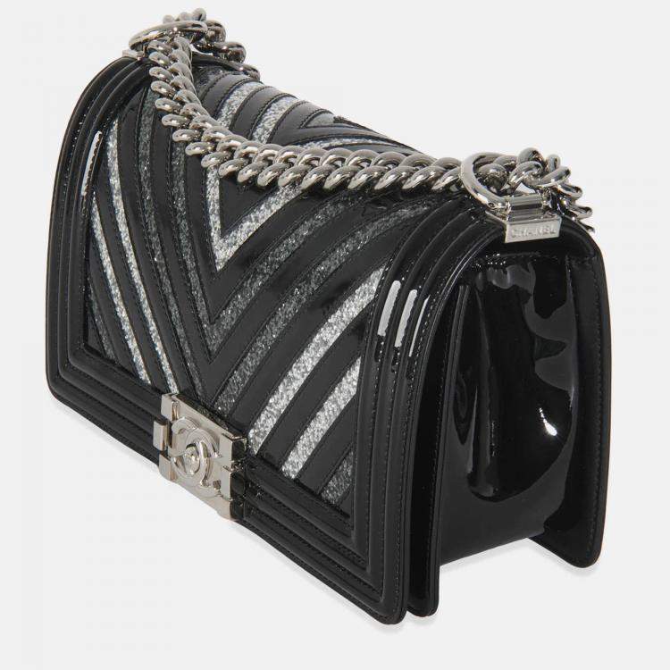 Pre Owned Chanel Black Patent Chevron Glitter PVC Old Medium Boy Bag