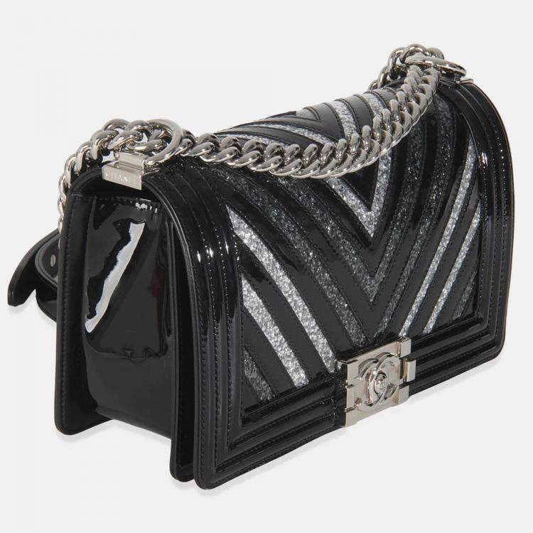 Pre Owned Chanel Black Patent Chevron Glitter PVC Old Medium Boy Bag
