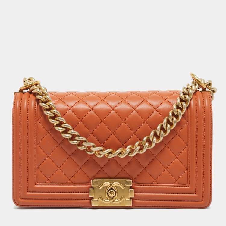Pre Owned Chanel Orange Quilted Leather Medium Classic Boy Flap Bag
