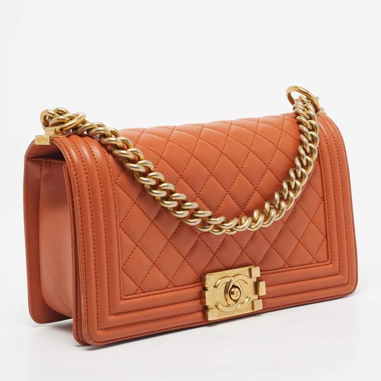 Pre Owned Chanel Orange Quilted Leather Medium Classic Boy Flap Bag