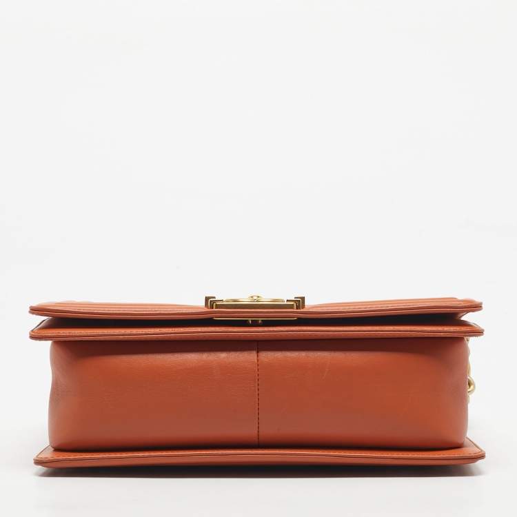 Pre Owned Chanel Orange Quilted Leather Medium Classic Boy Flap Bag