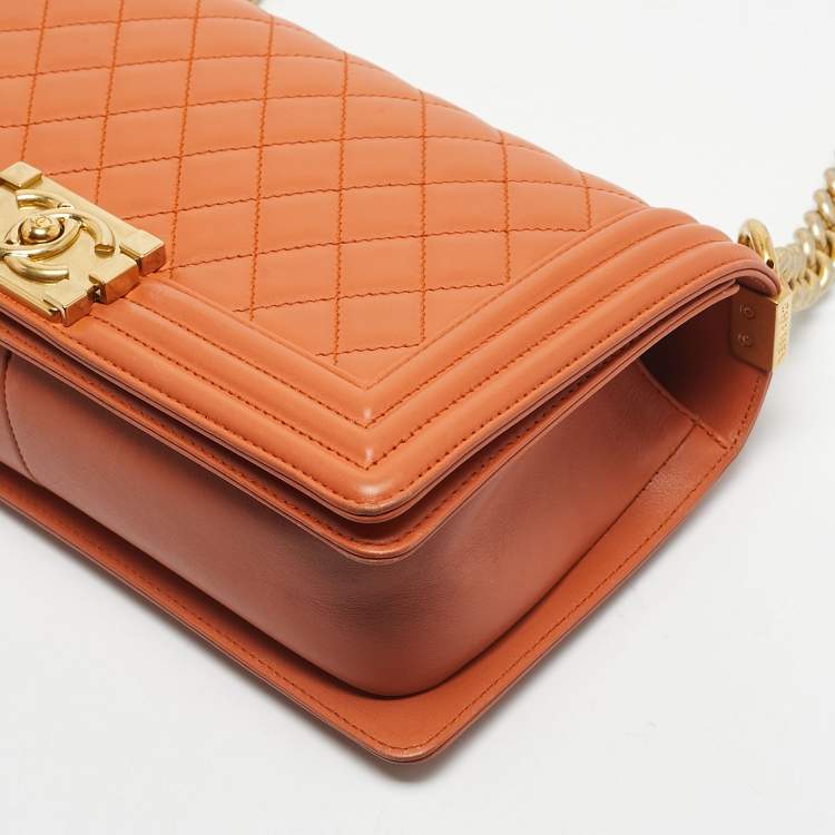 Pre Owned Chanel Orange Quilted Leather Medium Classic Boy Flap Bag