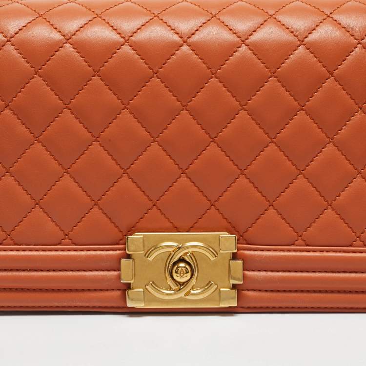 Pre Owned Chanel Orange Quilted Leather Medium Classic Boy Flap Bag