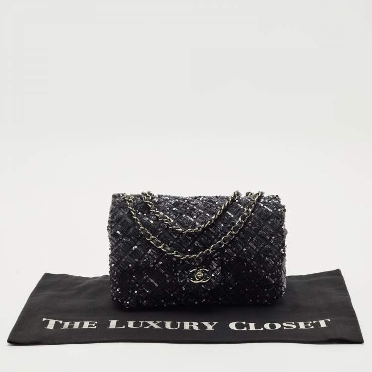 Pre Owned Chanel Navy Blue/Black Quilted Sequins and Satin Medium Classic Single Flap Bag