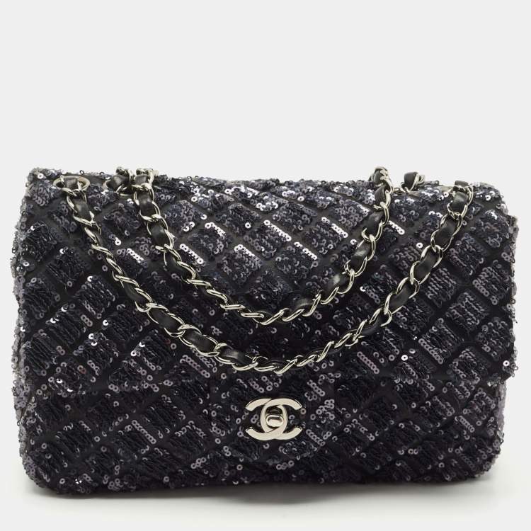 Pre Owned Chanel Navy Blue/Black Quilted Sequins and Satin Medium Classic Single Flap Bag