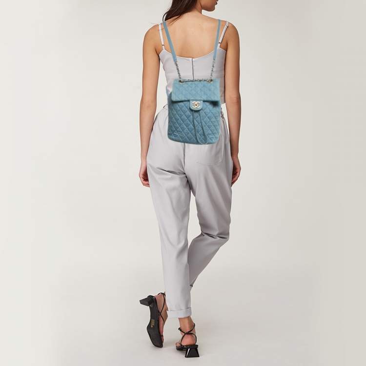 Pre Owned Chanel Light Blue Quilted Denim Small Urban Spirit Backpack