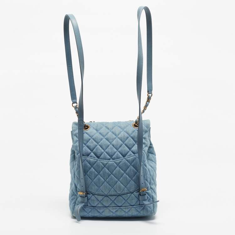 Pre Owned Chanel Light Blue Quilted Denim Small Urban Spirit Backpack