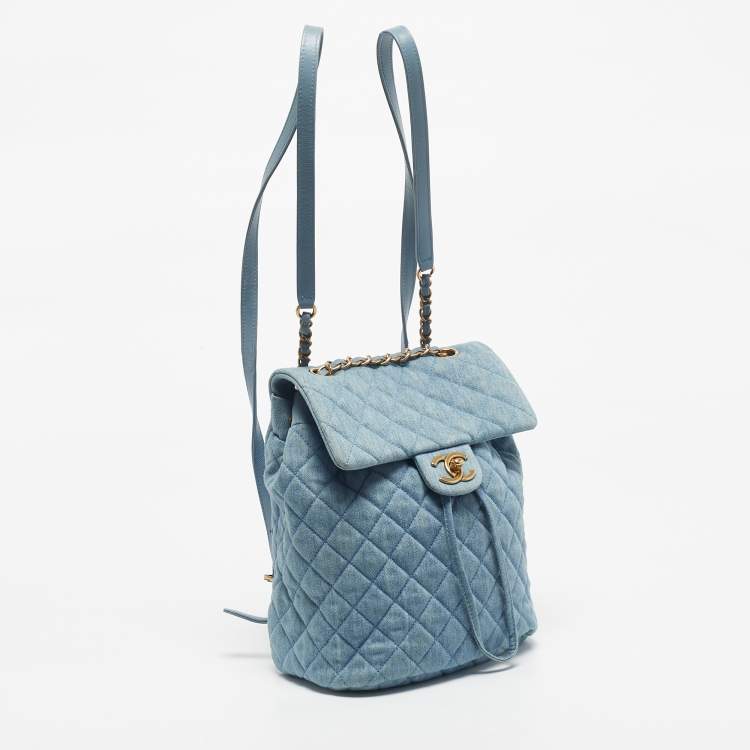 Pre Owned Chanel Light Blue Quilted Denim Small Urban Spirit Backpack
