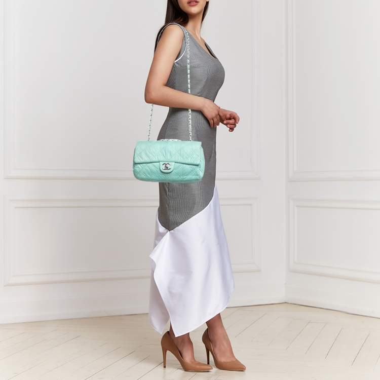 Pre Owned Chanel Aqua Blue Snakeskin Medium Ultra Stitch Classic Single Flap Bag
