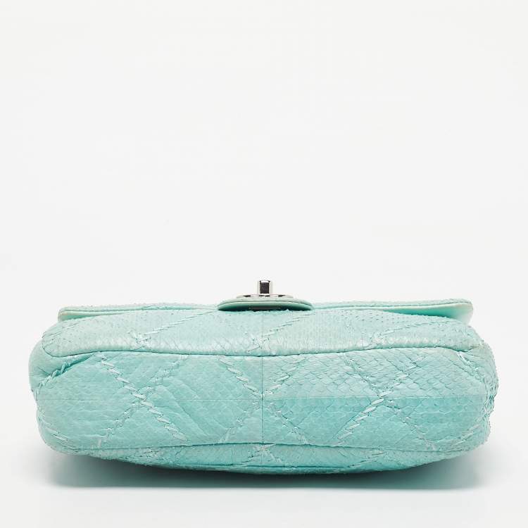 Pre Owned Chanel Aqua Blue Snakeskin Medium Ultra Stitch Classic Single Flap Bag