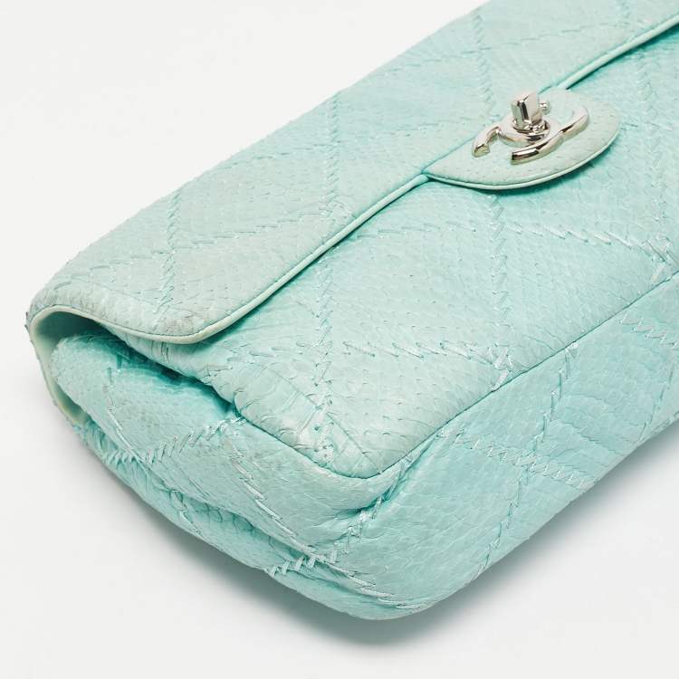 Pre Owned Chanel Aqua Blue Snakeskin Medium Ultra Stitch Classic Single Flap Bag