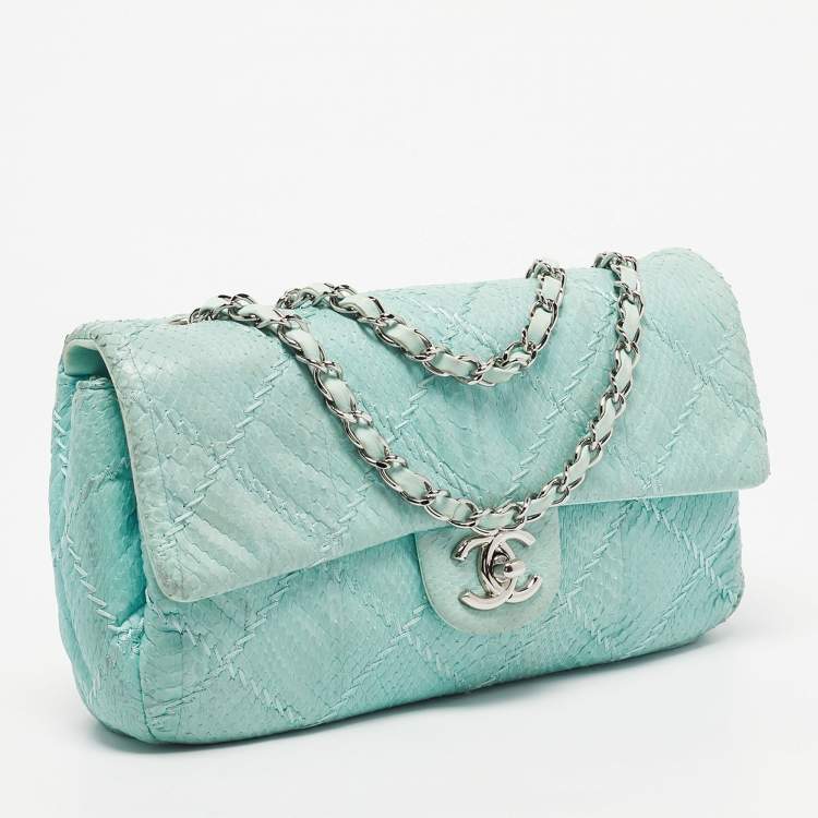 Pre Owned Chanel Aqua Blue Snakeskin Medium Ultra Stitch Classic Single Flap Bag