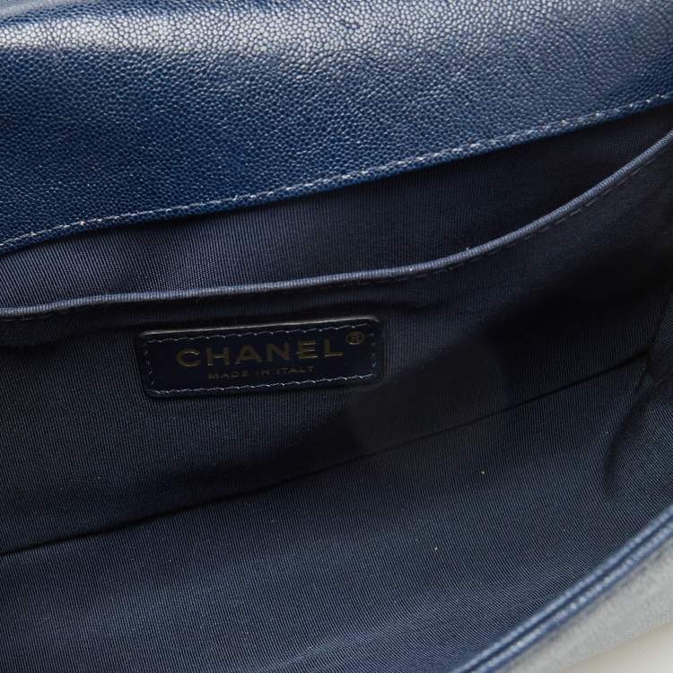Pre Owned Chanel Navy Blue Quilted Caviar Leather Medium Boy Bag