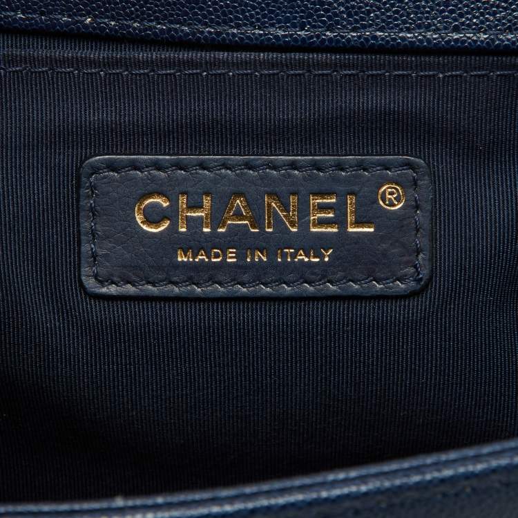 Pre Owned Chanel Navy Blue Quilted Caviar Leather Medium Boy Bag