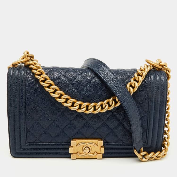 Pre Owned Chanel Navy Blue Quilted Caviar Leather Medium Boy Bag