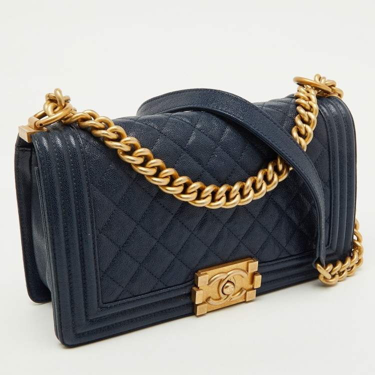 Pre Owned Chanel Navy Blue Quilted Caviar Leather Medium Boy Bag