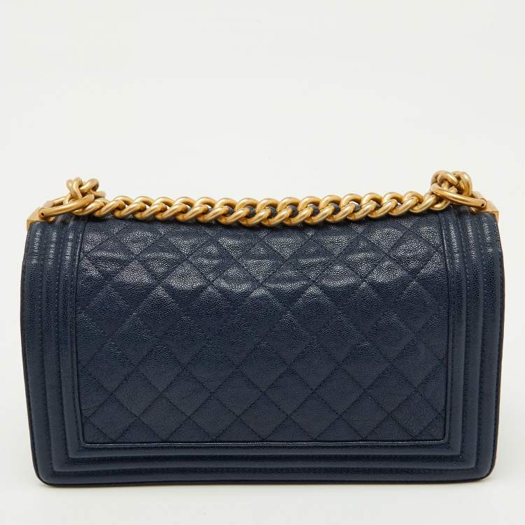 Pre Owned Chanel Navy Blue Quilted Caviar Leather Medium Boy Bag