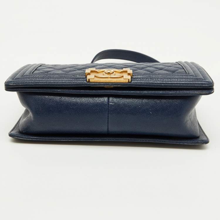 Pre Owned Chanel Navy Blue Quilted Caviar Leather Medium Boy Bag