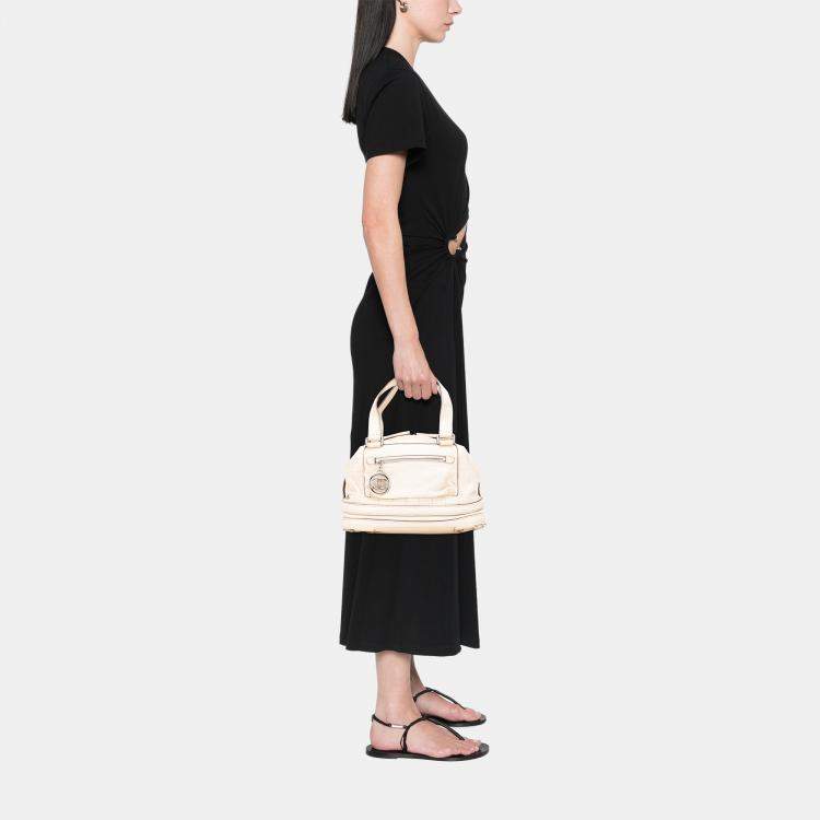 Pre Owned Chanel Beige Goatskin Square Stitch Essential Bowler