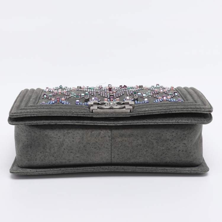 Pre Owned Chanel Grey Textured Suede Beads Embellishment Medium Boy Flap Bag