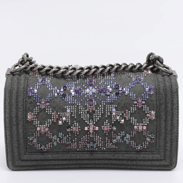 Pre Owned Chanel Grey Textured Suede Beads Embellishment Medium Boy Flap Bag