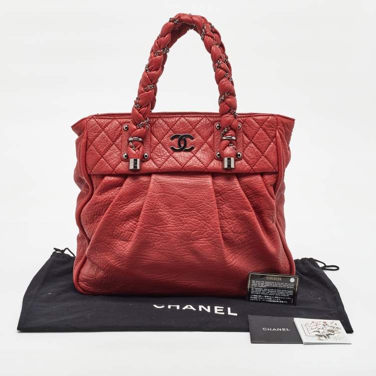 Pre Owned Chanel Red Grained Leather Large Lady Braid Tote