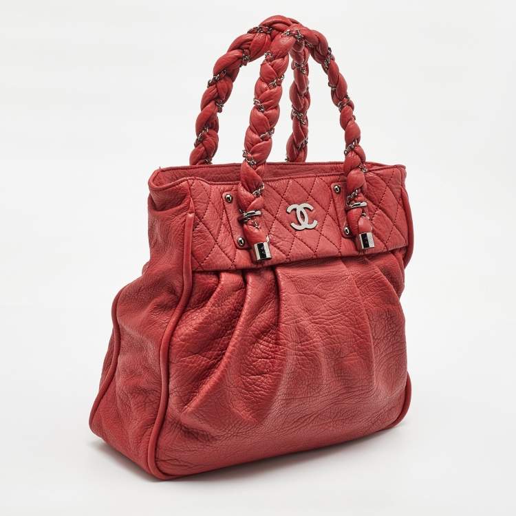 Pre Owned Chanel Red Grained Leather Large Lady Braid Tote