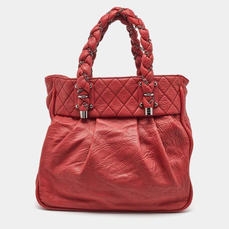 Pre Owned Chanel Red Grained Leather Large Lady Braid Tote